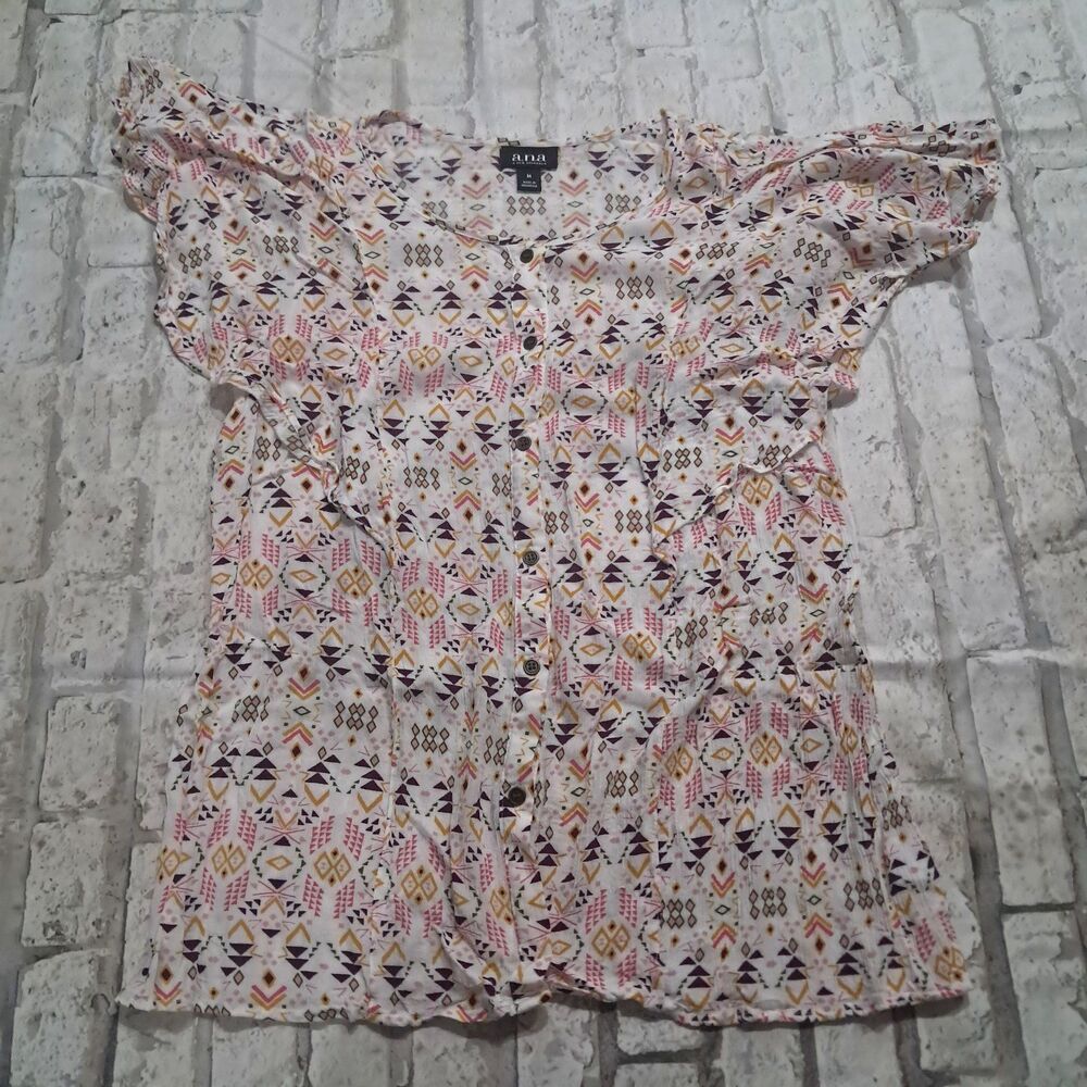 a.n.a A New Approach Women's Medium Button Up Blouse Geometric Aztec Colorful